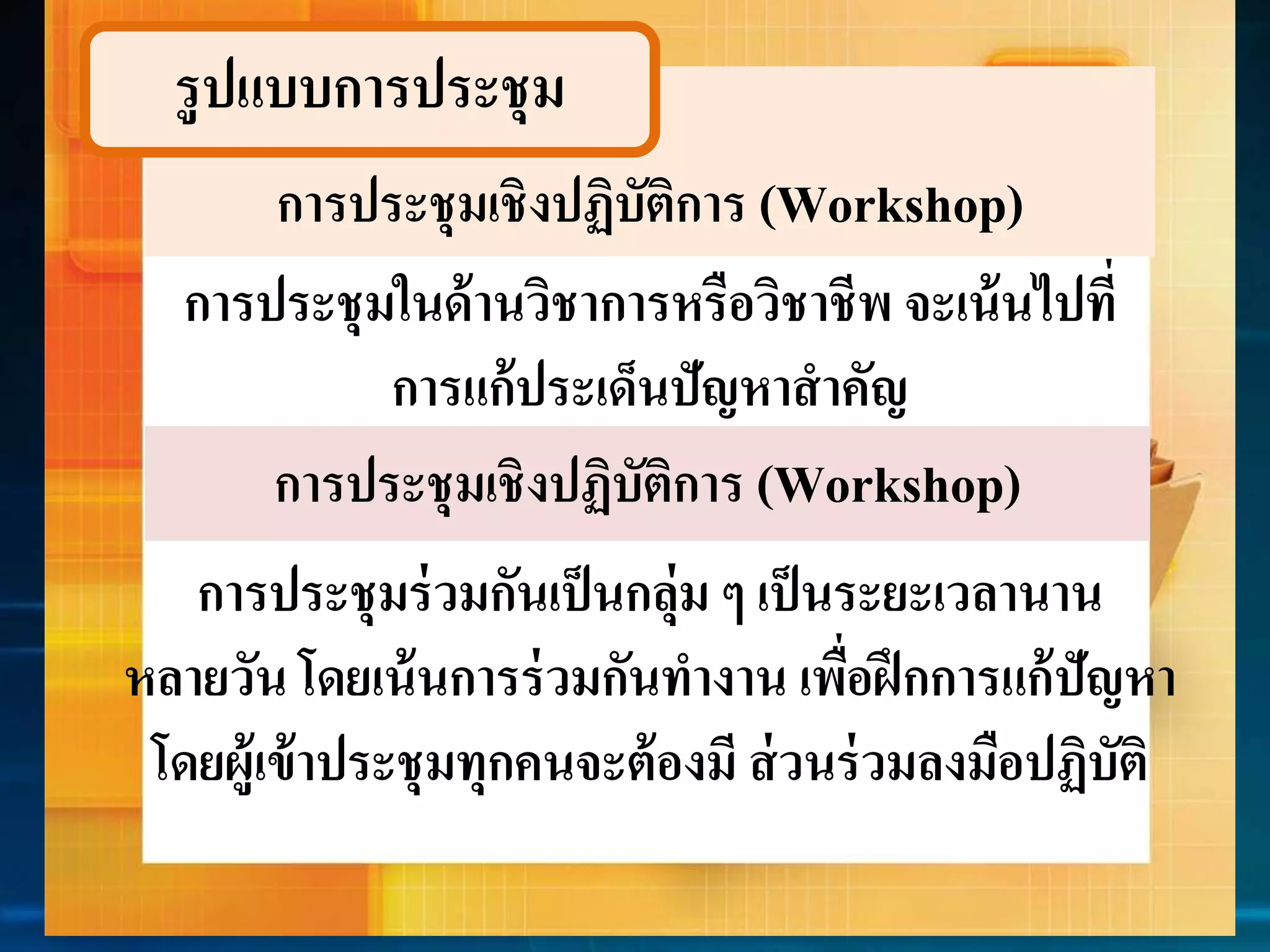 รูปแบบกำรประชุม 
การประชุมเชิงปฏิบัติการ (Workshop) 
กำรประชุมในด้ำนวิชำกำรหรือวิชำชีพ จะเน้นไปที่ 
กำรแก้ประเด็นปัญหำสำคัญ 
การประชุมเชิงปฏิบัติการ (Workshop) 
กำรประชุมร่วมกันเป็นกลุ่ม ๆ เป็นระยะเวลำนำน 
หลำยวัน โดยเน้นกำรร่วมกันทำงำน เพื่อฝึกกำรแก้ปัญหำ 
โดยผู้เข้ำประชุมทุกคนจะต้องมี ส่วนร่วมลงมือปฏิบัติ 
 