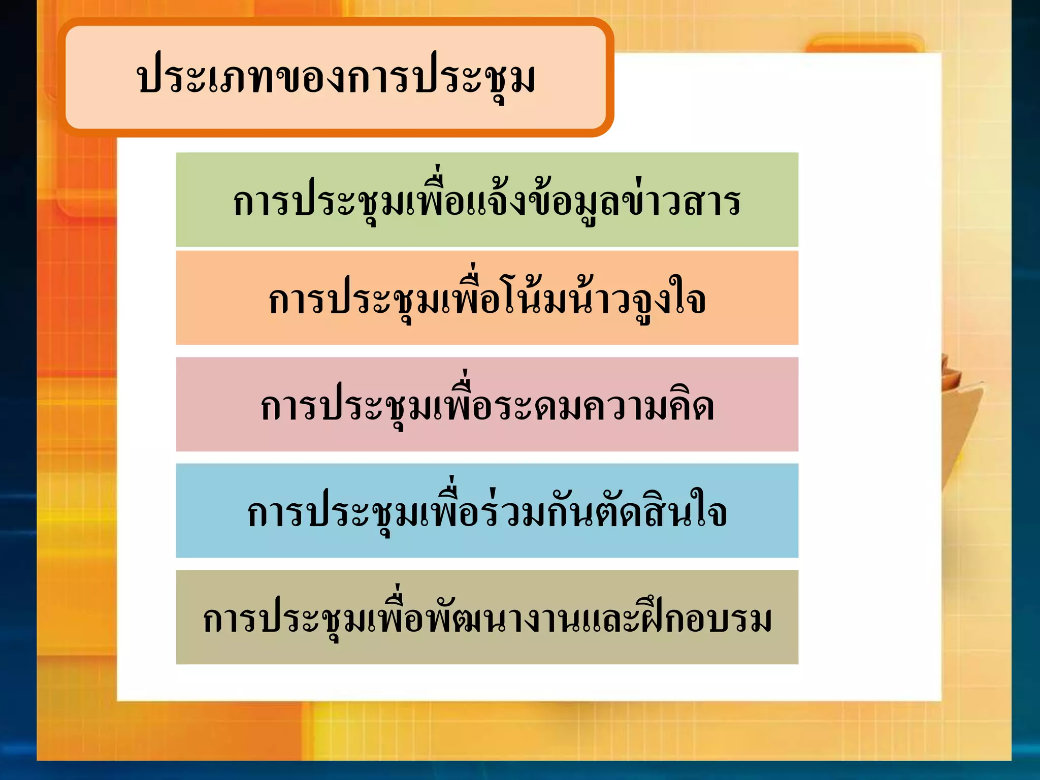 ประเภทของกำรประชุม 
กำรประชุมเพื่อแจ้งข้อมูลข่ำวสำร 
กำรประชุมเพื่อโน้มน้ำวจูงใจ 
กำรประชุมเพื่อระดมควำมคิด 
กำรประชุมเพื่อร่วมกันตัดสินใจ 
กำรประชุมเพื่อพัฒนำงำนและฝึกอบรม 
 