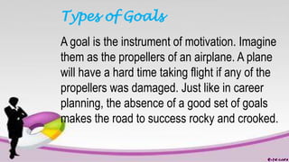 Types of Goals
A goal is the instrument of motivation. Imagine
them as the propellers of an airplane. A plane
will have a hard time taking flight if any of the
propellers was damaged. Just like in career
planning, the absence of a good set of goals
makes the road to success rocky and crooked.
 