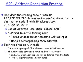 ARP: Address Resolution Protocol
 How does the sending node A with IP

222.222.222.220 determine the MAC address for the
destination node B with IP address say
222.222.222.222?
 Job of Address Resolution Protocol (ARP)
 ARP module in the sending node
• Takes IP address on the same LAN as input
• Return corresponding MAC address
 Each node has an ARP table



Contains mapping of IP addresses to MAC addresses
The ARP table contains a time-to-live (TTL) value
• Indicates when each mapping will be deleted from the table
• Typical expiration time is 20 minutes

 
