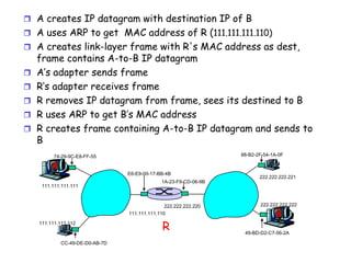  A creates IP datagram with destination IP of B
 A uses ARP to get MAC address of R (111.111.111.110)
 A creates link-layer frame with R's MAC address as dest,







frame contains A-to-B IP datagram
A’s adapter sends frame
R’s adapter receives frame
R removes IP datagram from frame, sees its destined to B
R uses ARP to get B’s MAC address
R creates frame containing A-to-B IP datagram and sends to
B
88-B2-2F-54-1A-0F

74-29-9C-E8-FF-55

A

E6-E9-00-17-BB-4B

111.111.111.111

222.222.222.220
111.111.111.110
111.111.111.112

CC-49-DE-D0-AB-7D

222.222.222.221

1A-23-F9-CD-06-9B

R

222.222.222.222

B

49-BD-D2-C7-56-2A

 