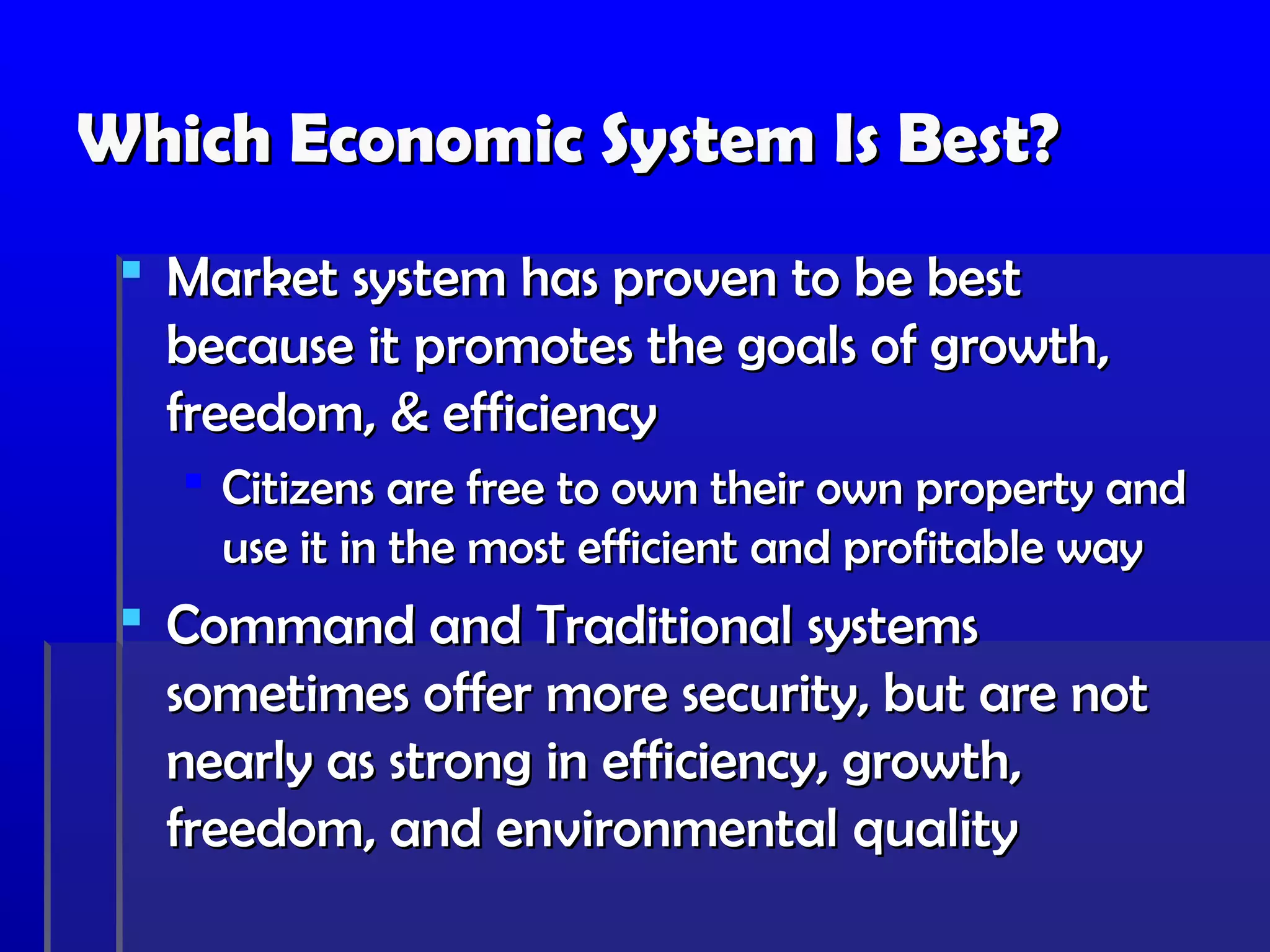 Continuum of Economies
  Pure                         Pure
 Market                      Command


   Most                           No
Individual                    Individual
 freedom                       freedom
Most economies fall in between a pure
market and a pure command economy
on the continuum
 