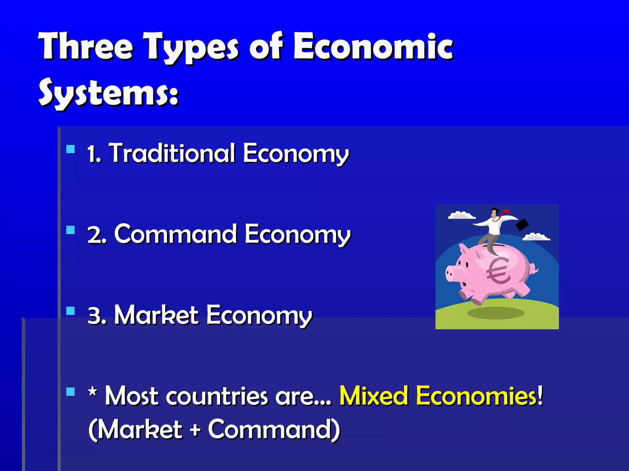 Three Types of Economic
Systems:
  1. Traditional Economy

  2. Command Economy

  3. Market Economy

  * Most countries are… Mixed Economies!
   (Market + Command)
 