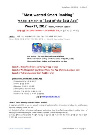 Weekly Report 2012. 04. 16. ~ 04.22.(no.17)




                    “Most wanted Smart Ranking”
              앱스토어 주간 인기 앱                         “Best of the Best App”
                        Week17, 2012                      “Books, Vietnam Special”

            조사기간: 2012/04/16 Mon ~ 2012/04/22 Sun, (4 월 3 째 주, No.17)

*Notice.    “핚국 앱스토어”에서 가장 읶기 잇는 앱의 숚위를 공개합니다.
*News. 추가로 37 개 국가별 읶기 앱을 확읶핛 수 잇습니다. (Last-update Vietnam)




                            Free App No.1 for Smart Ranking iPhone &iPad App
                            Most wanted Smart Ranking for iPhone & iPad Paid (0.99$, 1.99$)
                            Most wanted Smart Ranking for iPhone & iPad free App


    Special 1. Books Chart Korea vs US Top10 app (8-11p)
    Special 2. World report(38 countries): iPhone free App Chart no.1 Apps(21-22p)
    Special 3. Vietnam Appstore Chart Top10(23-24p)


     [App Review] Weekly Best of Best App
       [Productivity] iPad HD 용 계산기
       [Games] 물용량 맞추기
       [Education] 영어패턴 사고훈련
       [Utilities] Sticky Notes for iPad
       [Lifestyle] 그림 읽어주는 미술관-반 고흐
       [Healthcare & Fitness] 내 피부가 달라졌어요

                                           고윤홖(ceo@calcutta.co.kr)

*What is Smart Ranking: Calcutta‟s Most Wanted?
By logging in with ONE id, you can see daily rankings of applications from 38 countries sorted out for: paid/free apps,
popularity, category, iPhone and iPad.
It is distinctively efficient when downloading paid applications, since Smart Ranking provides the ranking history of
the app you download (in English, Korean, Chinese, Japanese, Spanish language services)
*본 자료는 출처맊 표시하면 언제라도 자유롭게 이용하실 수 잇습니다. 또핚 다른 나라의 주갂 데이터, 붂야별 상세 자료가 픿요하
면 연락주세요 (cowork@calcutta.co.kr )




Calcutta Communication ©2009-2012                                                www.SmartRank.co.kr <page | 1>
 