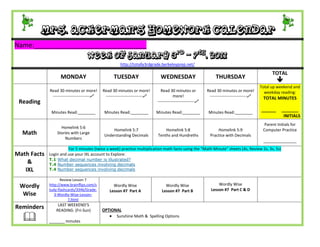 Mrs. Ackerman’s Homework Calendar
Name:_______________________________
                                    Week of January 3rd – 7th, 2011
                                                       http://totally3rdgrade.berkeleyprep.net/

                                                                                                                                                  TOTAL
                   MONDAY                          TUESDAY                     WEDNESDAY                         THURSDAY
                                                                                                                                                     
                                                                                                                                            Total up weekend and
             Read 30 minutes or more!        Read 30 minutes or more!          Read 30 minutes or           Read 30 minutes or more!          weekday reading:
              ---------------------------    ---------------------------              more!                ---------------------------    TOTAL MINUTES
 Reading                                                                     ---------------------------

              Minutes Read:________           Minutes Read:________          Minutes Read:________           Minutes Read:________
                                                                                                                                            ______     _______
                                                                                                                                                        INITIALS
                                                                                                                                              Parent Initials for
                   Homelink 5:6
                                                  Homelink 5:7                   Homelink 5:8                    Homelink 5:9                Computer Practice
  Math           Stories with Large
                                              Understanding Decimals         Tenths and Hundreths            Practice with Decimals
                     Numbers
                                                                                                                                             _______________
                       For 5 minutes (twice a week) practice multiplication math facts using the “Math Minute” sheets (4s, Review 2s, 3s, 5s)
Math Facts   Login and use your IXL account to Explore:
             T.1 What decimal number is illustrated?
    &        T.4 Number sequences involving decimals
   IXL       T.4 Number sequences involving decimals

                    Review Lesson 7
 Wordly      http://www.brainflips.com/s           Wordly Wise                   Wordly Wise                      Wordly Wise
             tudy-flashcards/3346/Grade-         Lesson #7 Part A              Lesson #7 Part B               Lesson #7 Part C & D
  Wise          3-Wordly-Wise-Lesson-
                         7.html
                  LAST WEEKEND’S
Reminders        READING: (Fri-Sun)          OPTIONAL

            _______ minutes
                                                 Sunshine Math & Spelling Options
 