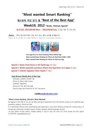Weekly Report 2012. 04. 30. ~ 05.06.(no.19)




                     “Most wanted Smart Ranking”
              앱스토어 주간 인기 앱                         “Best of the Best App”
                        Week19, 2012                      “Books, Vietnam Special”

            조사기간: 2012/04/30 Mon ~ 2012/05/06 Sun, (4 월 5 째 주, No.19)

*Notice.    “한국 앱스토어”에서 가장 인기 있는 앱의 순위를 공개합니다.
*News. 38 개 국가별 인기 앱을 확인할 수 있습니다. (Last-update Vietnam)




                            Free App No.1 for Smart Ranking iPhone &iPad App
                            Most wanted Smart Ranking for iPhone & iPad Paid (0.99$, 1.99$)
                            Most wanted Smart Ranking for iPhone & iPad free App


    Special 1. Books Chart Korea vs US Top10 app (10-13p)
    Special 2. World report(38 countries): iPhone free App Chart no.1 Apps(25-26p)
    Special 3. Vietnam Appstore Chart Top10(27-28p)


     [App Review] Weekly Best of Best App
       [Lifestyle] 고급유머 (아이폰 1 위)
       [Photo & Video] LINE camera
       [Utilities] 자동번역기
       [Business] 무료 원격 데스크톱
       [Game] Logos Quiz Game(25 개 국가 Top game)


                                         고윤환(ceo@calcutta.co.kr)

*What is Smart Ranking: Calcutta’s Most Wanted?
By logging in with ONE id, you can see daily rankings of applications from 38 countries sorted out for: paid/free apps,
popularity, category, iPhone and iPad.
It is distinctively efficient when downloading paid applications, since Smart Ranking provides the ranking history of
the app you download (in English, Korean, Chinese, Japanese, Spanish language services)
*본 자료는 출처만 표시하면 언제라도 자유롭게 이용하실 수 있습니다. 또한 다른 나라의 주간 데이터, 분야별 상세 자료가 필요하
면 연락주세요 (cowork@calcutta.co.kr )




Calcutta Communication ©2009-2012                                                www.SmartRank.co.kr <page | 1>
 