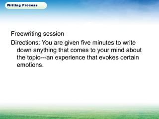 Freewriting session
Directions: You are given five minutes to write
down anything that comes to your mind about
the topic---an experience that evokes certain
emotions.
Writing Process
 