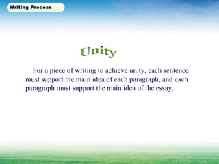 For a piece of writing to achieve unity, each sentence
must support the main idea of each paragraph, and each
paragraph must support the main idea of the essay.
Writing Process
 