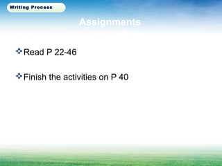 Assignments
Read P 22-46
Finish the activities on P 40
Writing Process
 