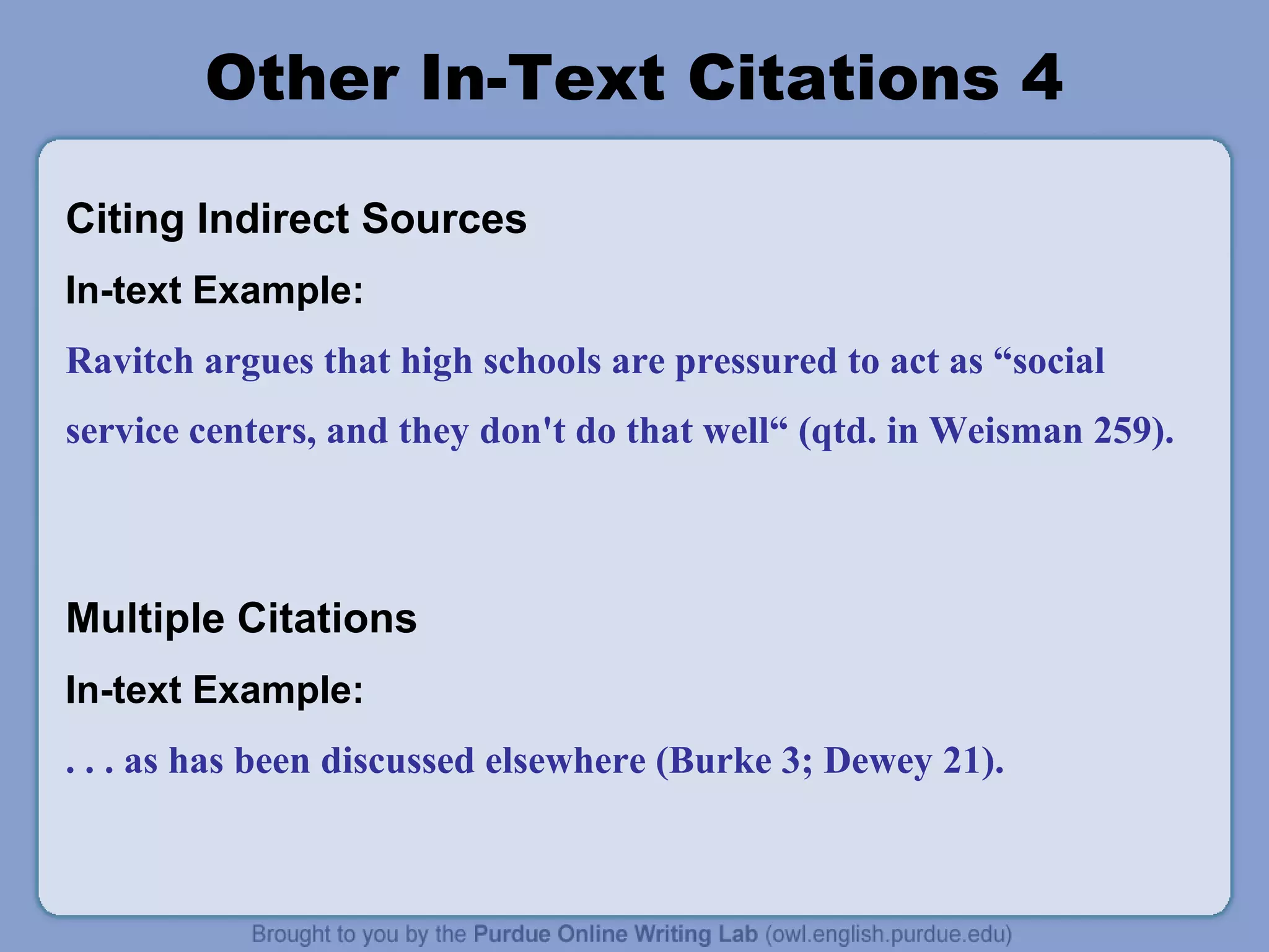 Other In-Text Citations 4
Citing Indirect Sources
In-text Example:
Ravitch argues that high schools are pressured to act as “social
service centers, and they don't do that well“ (qtd. in Weisman 259).
Multiple Citations
In-text Example:
. . . as has been discussed elsewhere (Burke 3; Dewey 21).
 