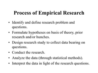 Process of Empirical Research
• Identify and define research problem and
questions.
• Formulate hypotheses on basis of theory, prior
research and/or hunches.
• Design research study to collect data bearing on
questions.
• Conduct the research.
• Analyze the data (through statistical methods).
• Interpret the data in light of the research questions.
 