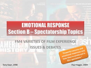 EMOTIONAL RESPONSE
     Section B – Spectatorship Topics
            FM4 VARIETIES OF FILM EXPERIENCE
                   ISSUES & DEBATES



Tony Kaye ,1998                          Paul Haggis, 2004
 