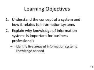 Learning Objectives Understand the concept of a system and how it relates to information systems Explain why knowledge of information systems is important for business professionals Identify five areas of information systems knowledge needed 1- 