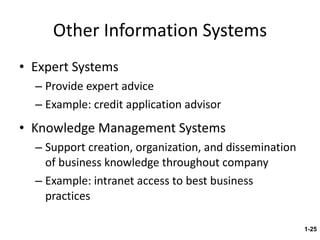 Other Information Systems Expert Systems Provide expert advice Example: credit application advisor Knowledge Management Systems Support creation, organization, and dissemination of business knowledge throughout company Example: intranet access to best business practices 1- 