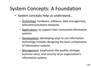 System Concepts: A Foundation System concepts help us understand… Technology : hardware, software, data management, telecommunications networks Applications : to support inter-connected information systems Development : developing ways to use information technology includes designing the basic components of information systems Management : emphasizes the quality, strategic business value, and security of an organization’s information systems 1- 