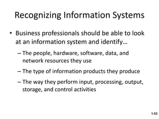 Recognizing Information Systems Business professionals should be able to look at an information system and identify… The people, hardware, software, data, and network resources they use The type of information products they produce The way they perform input, processing, output, storage, and control activities 1- 