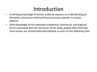 Introduction
• A working knowledge of human anatomy requires an understanding of
  the body’s structures and how these structures operate in various
  systems.
• With knowledge of the important anatomical, directional, and regional
  terms associated with the structures of the body, people often find that
  most tissues are named quite descriptively, as seen on the following slide.
 