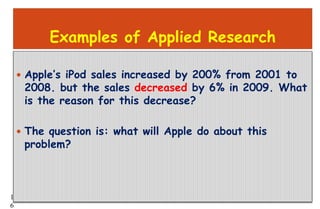 1
6
Examples of Applied Research
 Apple’s iPod sales increased by 200% from 2001 to
2008. but the sales decreased by 6% in 2009. What
is the reason for this decrease?
 The question is: what will Apple do about this
problem?
 