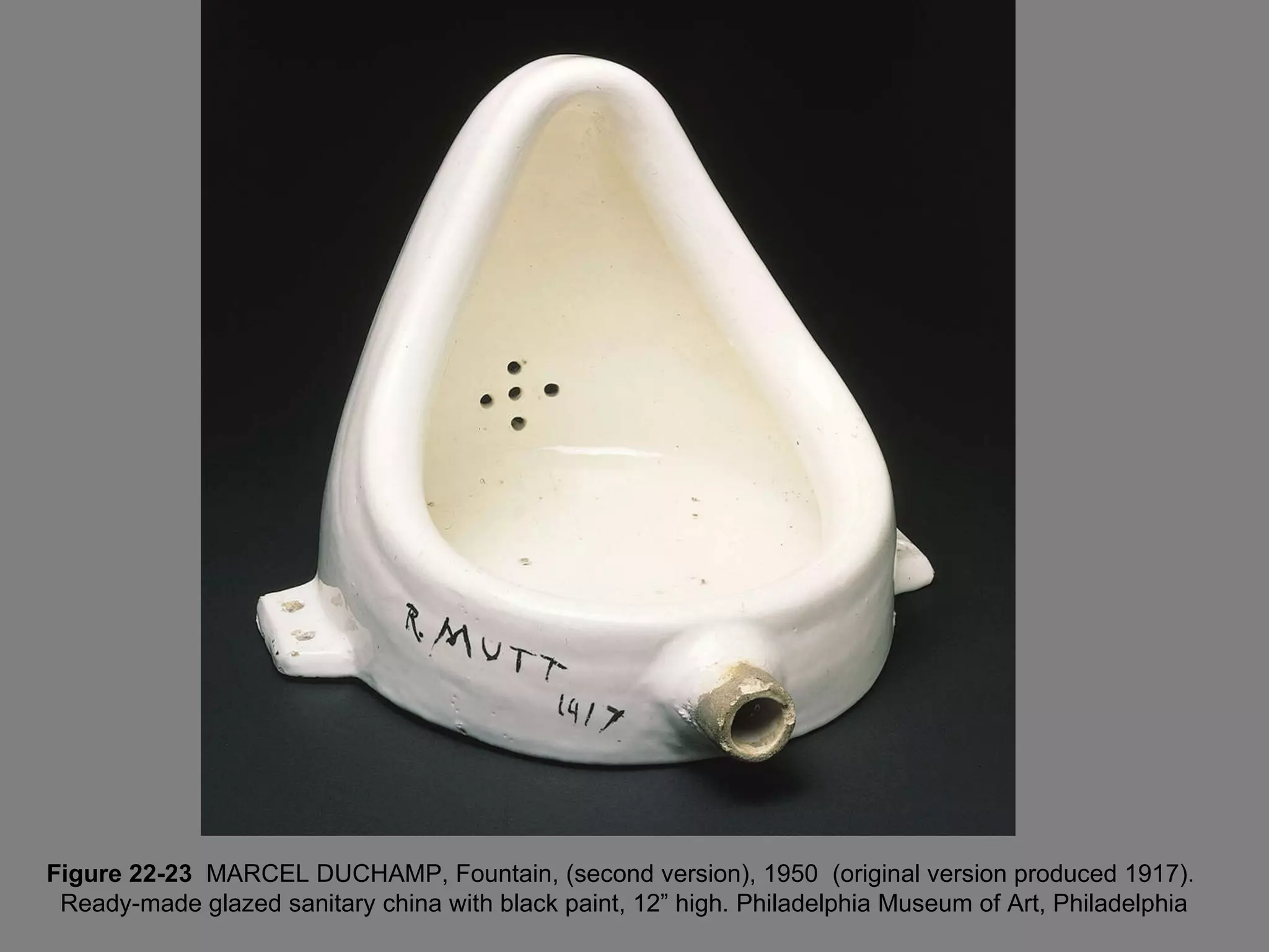 Figure 22-23  MARCEL DUCHAMP, Fountain, (second version), 1950  (original version produced 1917).  Ready-made glazed sanitary china with black paint, 12” high. Philadelphia Museum of Art, Philadelphia 