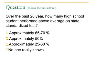 Question  (choose the best answer)   Over the past 20 year, how many high school student performed above average on state standardized test?  Approximately 65-70 % Approximately 50% Approximately 25-30 % No one really knows 