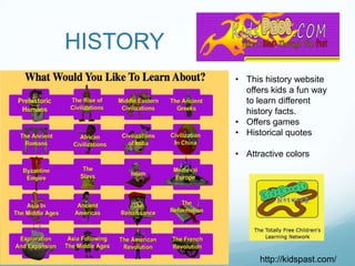 HISTORY
          • This history website
            offers kids a fun way
            to learn different
            history facts.
          • Offers games
          • Historical quotes

          • Attractive colors




                http://kidspast.com/
 