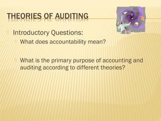  Introductory Questions:
 What does accountability mean?
 What is the primary purpose of accounting and
auditing according to different theories?
 