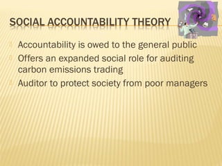  Accountability is owed to the general public
 Offers an expanded social role for auditing
carbon emissions trading
 Auditor to protect society from poor managers
 