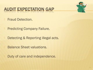  Fraud Detection.
 Predicting Company Failure.
 Detecting & Reporting illegal acts.
 Balance Sheet valuations.
 Duty of care and independence.
5
 