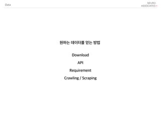 원하는 데이터를 얻는 방법
Data
Download
API
Requirement
Crawling / Scraping
 