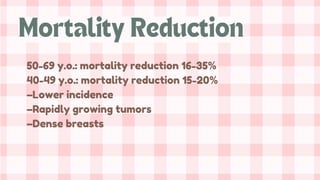 50-69 y.o.: mortality reduction 16-35%
40-49 y.o.: mortality reduction 15-20%
–Lower incidence
–Rapidly growing tumors
–Dense breasts
Mortality Reduction
 