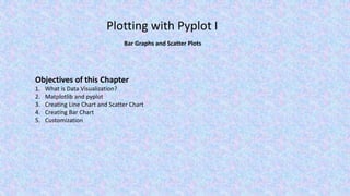 Plotting with Pyplot I
Bar Graphs and Scatter Plots
Objectives of this Chapter
1. What is Data Visualization?
2. Matplotlib and pyplot
3. Creating Line Chart and Scatter Chart
4. Creating Bar Chart
5. Customization
 