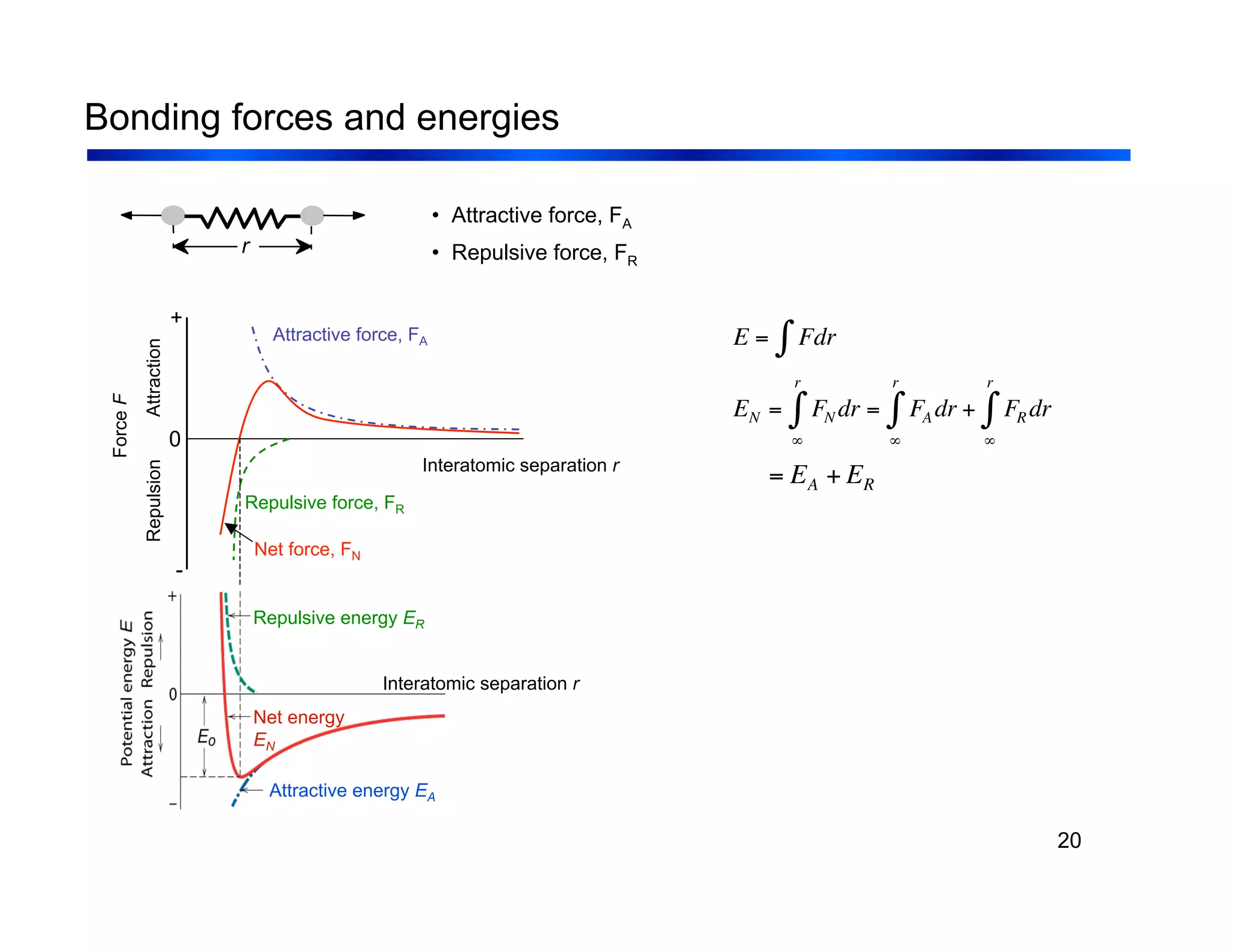 20
Bonding forces and energies
r
• Attractive force, FA
• Repulsive force, FR
Force
F
Repulsion
Attraction
0
+
-
Attractive force, FA
Interatomic separation r
Repulsive force, FR
Net force, FN
!
E = Fdr
"
!
EN = FN dr
"
r
# = FA dr
"
r
# + FR dr
"
r
#
!
= EA + ER
Attractive energy EA
Net energy
EN
Repulsive energy ER
Interatomic separation r
 