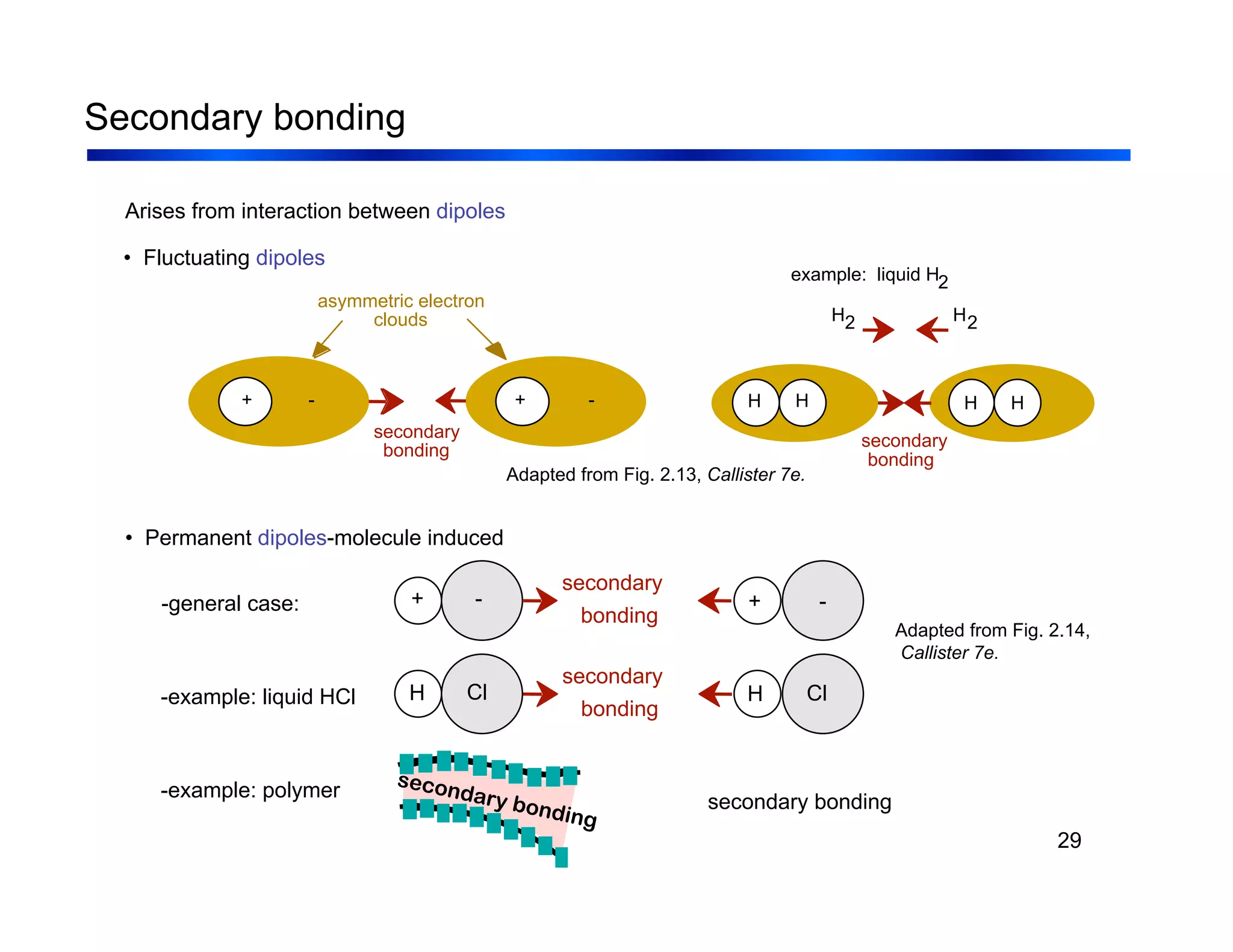 29
Secondary bonding
Arises from interaction between dipoles
• Permanent dipoles-molecule induced
• Fluctuating dipoles
-general case:
-example: liquid HCl
-example: polymer
Adapted from Fig. 2.13, Callister 7e.
Adapted from Fig. 2.14,
Callister 7e.
asymmetric electron
clouds
+ - + -
secondary
bonding
H
H H
H
H2 H2
secondary
bonding
example: liquid H2
H Cl H Cl
secondary
bonding
secondary
bonding
+ - + -
secondary bonding
secondary bonding
 