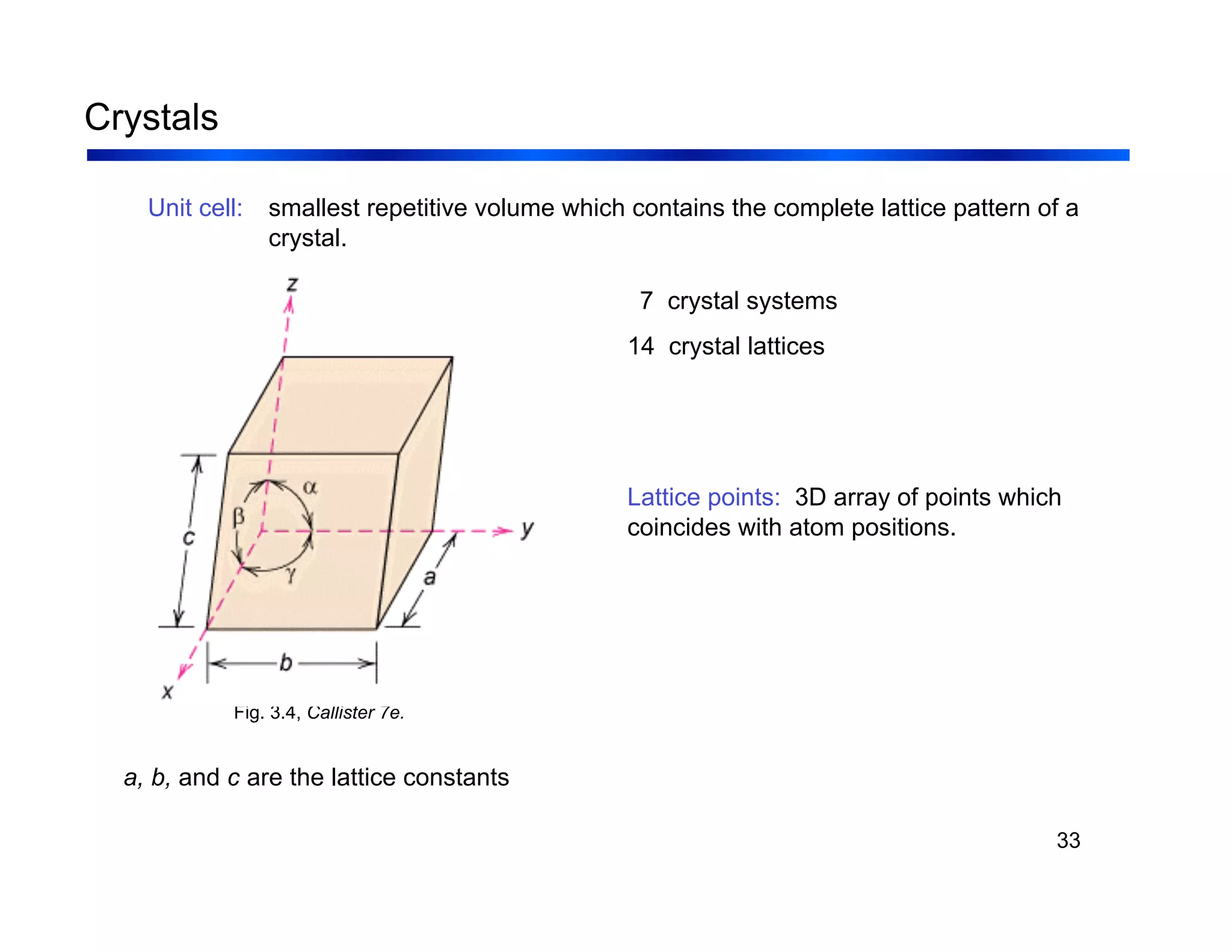 33
Crystals
7 crystal systems
14 crystal lattices
Fig. 3.4, Callister 7e.
Unit cell:
a, b, and c are the lattice constants
Lattice points: 3D array of points which
coincides with atom positions.
smallest repetitive volume which contains the complete lattice pattern of a
crystal.
 