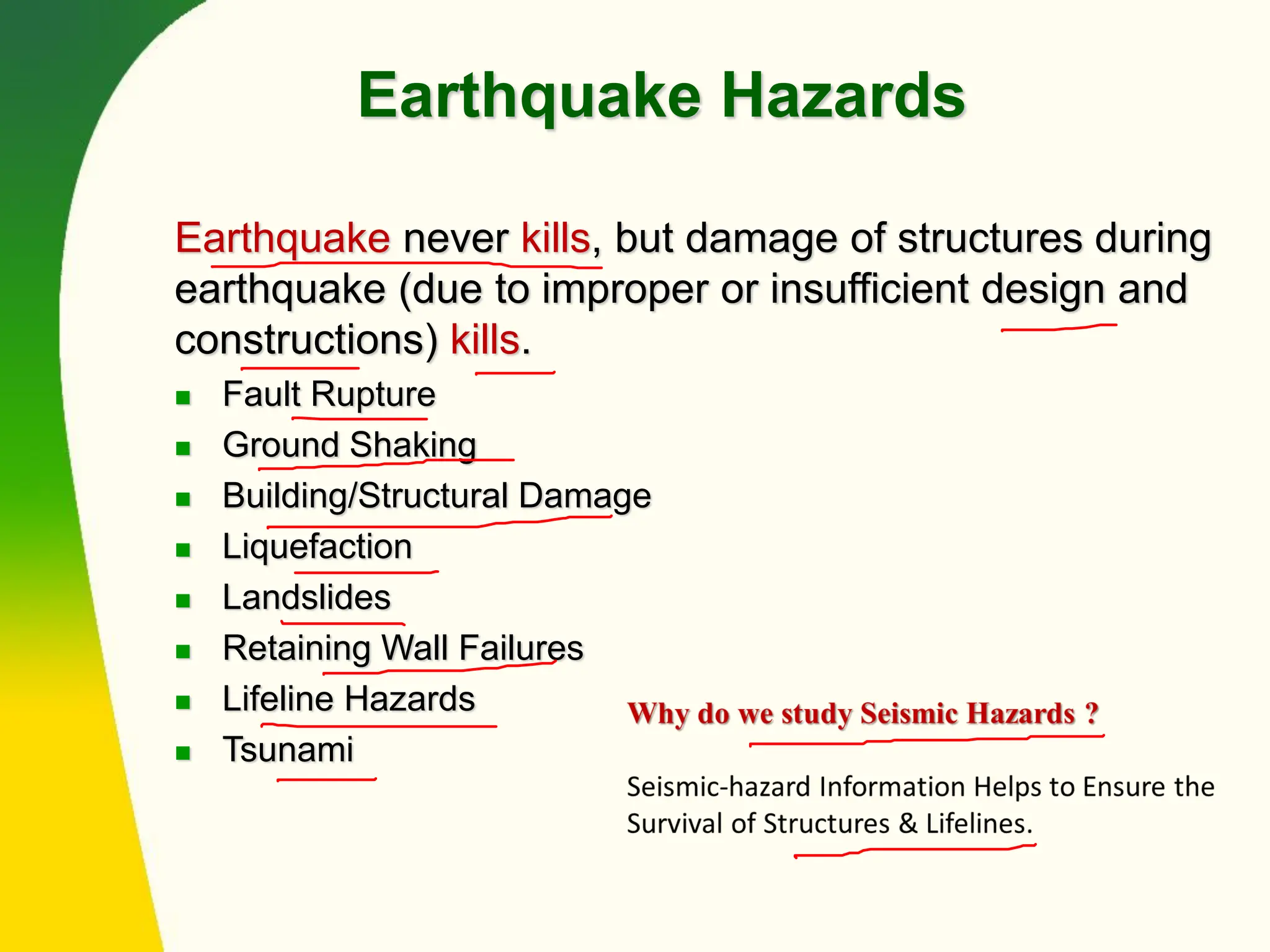 Earthquake Hazards
Earthquake never kills, but damage of structures during
earthquake (due to improper or insufficient design and
constructions) kills.
◼ Fault Rupture
◼ Ground Shaking
◼ Building/Structural Damage
◼ Liquefaction
◼ Landslides
◼ Retaining Wall Failures
◼ Lifeline Hazards
◼ Tsunami
 