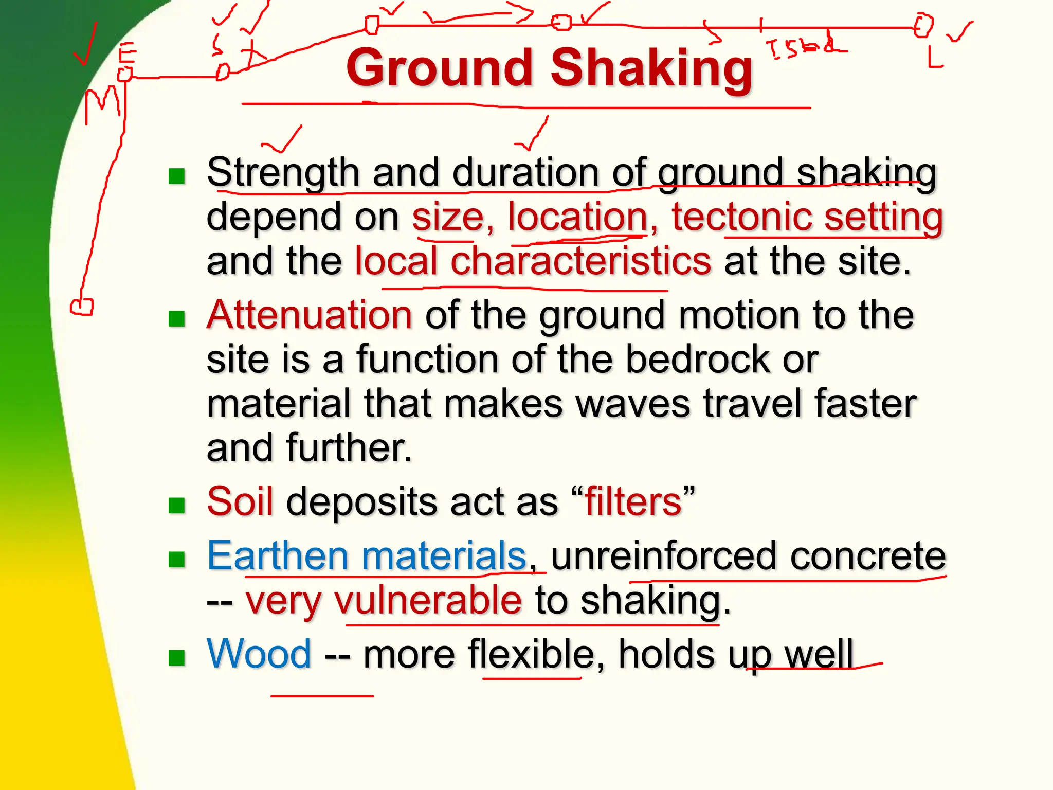Ground Shaking
◼ Strength and duration of ground shaking
depend on size, location, tectonic setting
and the local characteristics at the site.
◼ Attenuation of the ground motion to the
site is a function of the bedrock or
material that makes waves travel faster
and further.
◼ Soil deposits act as “filters”
◼ Earthen materials, unreinforced concrete
-- very vulnerable to shaking.
◼ Wood -- more flexible, holds up well
 
