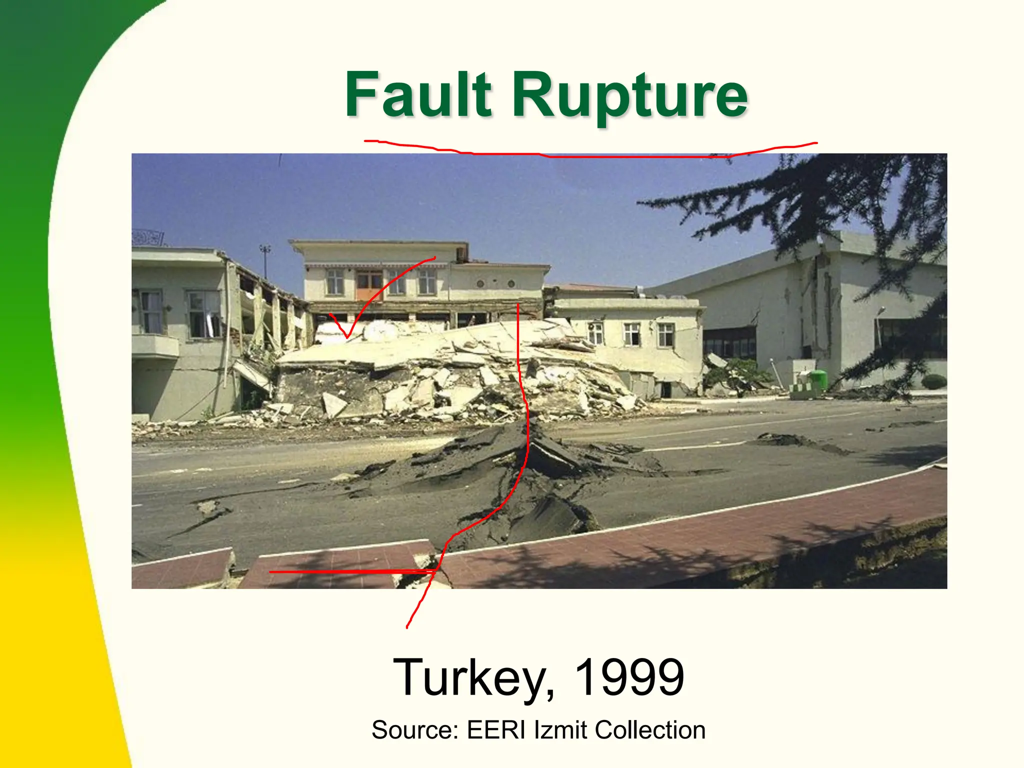 Fault Rupture
Turkey, 1999
Source: EERI Izmit Collection
 