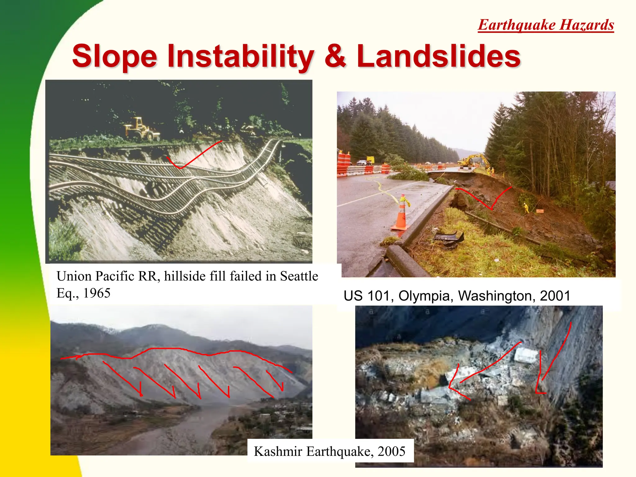 Slope Instability & Landslides
US 101, Olympia, Washington, 2001
Union Pacific RR, hillside fill failed in Seattle
Eq., 1965
Earthquake Hazards
Kashmir Earthquake, 2005
 