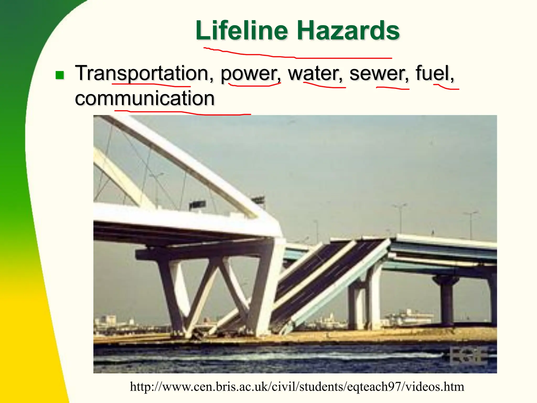 Lifeline Hazards
◼ Transportation, power, water, sewer, fuel,
communication
http://www.cen.bris.ac.uk/civil/students/eqteach97/videos.htm
 