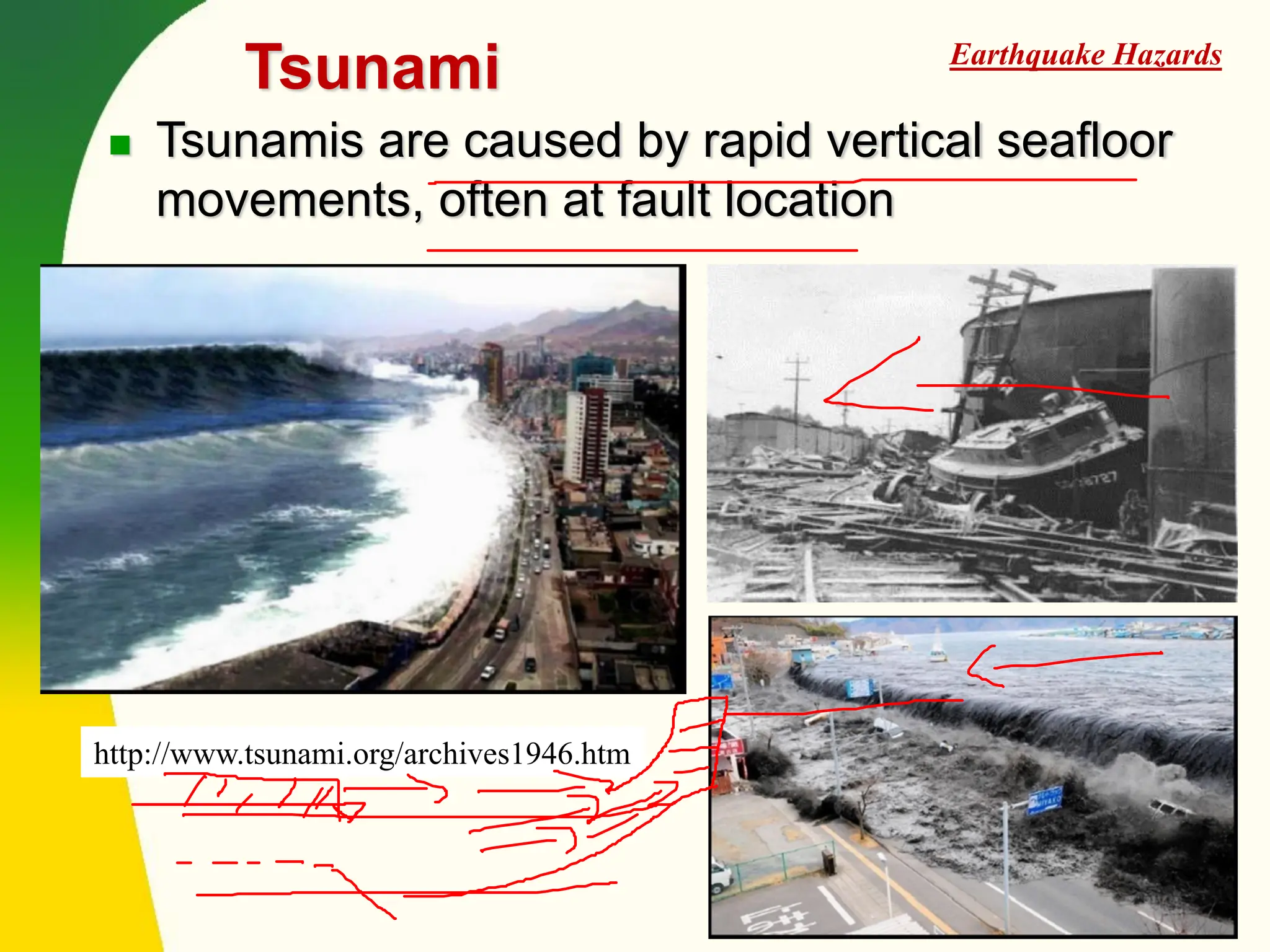 Tsunami
◼ Tsunamis are caused by rapid vertical seafloor
movements, often at fault location
http://www.tsunami.org/archives1946.htm
Earthquake Hazards
 