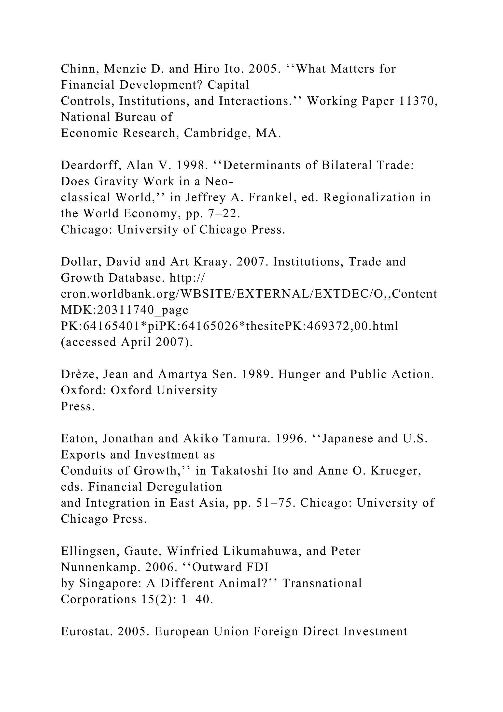 Chinn, Menzie D. and Hiro Ito. 2005. ‘‘What Matters for Financial Development? Capital Controls, Institutions, and Interactions.’’ Working Paper 11370, National Bureau of Economic Research, Cambridge, MA. Deardorff, Alan V. 1998. ‘‘Determinants of Bilateral Trade: Does Gravity Work in a Neo- classical World,’’ in Jeffrey A. Frankel, ed. Regionalization in the World Economy, pp. 7–22. Chicago: University of Chicago Press. Dollar, David and Art Kraay. 2007. Institutions, Trade and Growth Database. http:// eron.worldbank.org/WBSITE/EXTERNAL/EXTDEC/O,,Content MDK:20311740_page PK:64165401*piPK:64165026*thesitePK:469372,00.html (accessed April 2007). Drèze, Jean and Amartya Sen. 1989. Hunger and Public Action. Oxford: Oxford University Press. Eaton, Jonathan and Akiko Tamura. 1996. ‘‘Japanese and U.S. Exports and Investment as Conduits of Growth,’’ in Takatoshi Ito and Anne O. Krueger, eds. Financial Deregulation and Integration in East Asia, pp. 51–75. Chicago: University of Chicago Press. Ellingsen, Gaute, Winfried Likumahuwa, and Peter Nunnenkamp. 2006. ‘‘Outward FDI by Singapore: A Different Animal?’’ Transnational Corporations 15(2): 1–40. Eurostat. 2005. European Union Foreign Direct Investment 