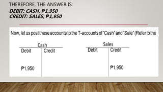 THEREFORE, THE ANSWER IS:
DEBIT: CASH, ₱1,950
CREDIT: SALES, ₱1,950
 