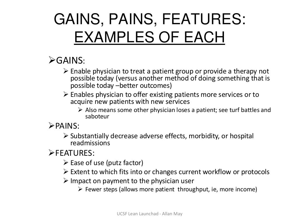 GAINS, PAINS, FEATURES EXAMPLES OF