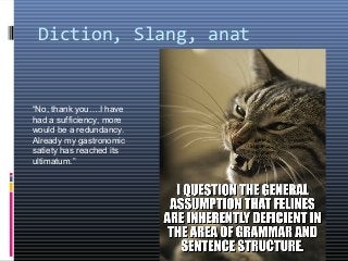 Diction, Slang, anat 
“No, thank you….I have 
had a sufficiency, more 
would be a redundancy. 
Already my gastronomic 
satiety has reached its 
ultimatum.” 
 