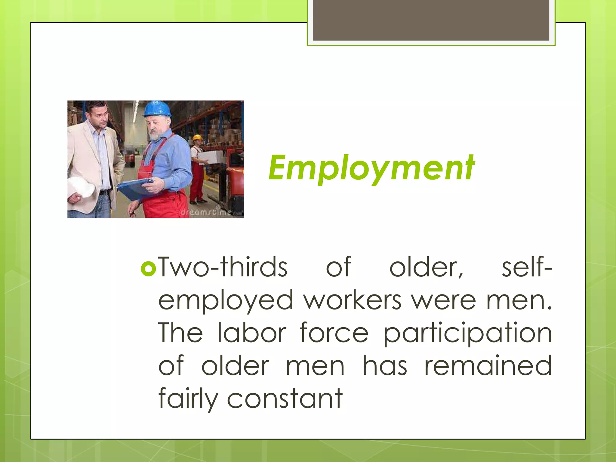 Employment

Two-thirds   of older, self-
 employed workers were men.
 The labor force participation
 of older men has remained
 fairly constant
 