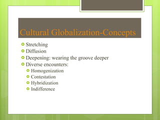 Cultural Globalization-Concepts Stretching Diffusion Deepening: wearing the groove deeper Diverse encounters:  Homogenization Contestation Hybridization Indifference 