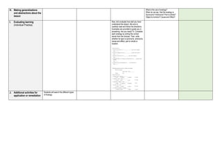 H. Making generalizations
and abstractions about the
lesson
What is the use of analogy?
When do we say that the analogy is
Synonyms? Antonyms? Part to whole?
Object to function? Cause and Effect?
I. Evaluating learning
(Individual Practice)
Now, let’s evaluate how well you have
understood the lesson. Be sure to
carefully read and follow the directions.
Examples are provided to guide you in
answering. Are you ready? A. Complete
each analogy by writing the correct
words from the choices. Then, write
whether its type is synonyms, antonyms,
cause and effect, part to whole or
location.
J. Additional activities for
application or remediation
Students will search the different types
of Analogy.
 