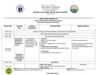 Republic of the Philippines
Department of Education
Region IVA-CALABARZON
Division of Rizal
REGIONAL LEAD SCHOOL FOR THE ARTS IN ANGONO
Angono, Rizal
Address: 10th
Street, San Martin Subdivision, Brgy. San Isidro, Angono, Rizal 1930 School ID: 308113
Email Address: regionalleadschool.308113@deped.gov.ph FB Page: @DepEdTayoRLSAA308113
“Sulong Blue Rizal”
WEEKLY HOME LEARNING PLAN
Grade 11 Daisy Avellana –Online Distance Learning
Week 1 Second Semester (Fourth Quarter)
Day & Time Learning
Area
Learning
Competency
Learning Tasks Mode of Delivery
7:00 – 7:30 Wake up, make up your bed, eat breakfast and get ready for an awesome day!
7:30 – 8:00 Have a short exercise/meditation/bonding with family
8:00 – 8:30 Flag ceremony (every Monday Only)
THURSDAY
8:30 – 12:00
Integrating the
Elements and
Principles of
Organization in
the Arts
Introduction to
the Elements
and Principles of
Organization in
the Arts
1. demonstrates an
understanding of the
different elements of art,
how they are seen in the
everyday, and how they
create meanings
1. What’s In
Answer the Pre-Test on page 2.
2. What’s In.
Do the activity “ Doodle Lines” on page 3. Answer the
questions.
3. What’s New: Picture Analysis
Describe the artwork by answering the question in the box.
4. What’s More
Do the activity Look+ Think+ Talk about it
Online Learning (Synchronous)
Send your outputs to your subject Teacher
through Google Classroom.
Don’t forget to click the turned in button if
you are done.
12:00 – 1:00 Lunch Break
1:00 – 5:00
5 What I Have Learned .
Follow the instruction given in the activity on page 16.
6. What I Can Do
Asynchronous
 