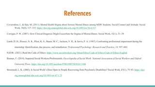 References
Covarrubias, I., & Han, M. (2011). Mental Health Stigma about Serious Mental Illness among MSW Students: Social Contact and Attitude. Social
Work, 56(4), 317–325. https://doi-org.umassglobal.idm.oclc.org/10.1093/sw/56.4.317
Corrigan, P. W. (2007). How Clinical Diagnosis Might Exacerbate the Stigma of Mental Illness. Social Work, 52(1), 31–39.
Lamb, D. H., Presser, N. R., Pfost, K. S., Baum, M. C., Jackson, V. R., & Jarvis, P. A. (1987). Confronting professional impairment during the
internship: Identification, due process, and remediation. Professional Psychology: Research and Practice, 18, 597–603.
NASW. (2021). Read the Code of Ethics. https://www.socialworkers.org/About/Ethics/Code-of-Ethics/Code-of-Ethics-English
Reamer, F. (2014). Impaired Social Workers/Professionals. Encyclopedia of Social Work: National Association of Social Workers and Oxford
University Press. https://doi.org/10.1093/acrefore/9780199975839.013.948
Stromwall, L. K. (2002). Is Social Work’s Door Open to People Recovering from Psychiatric Disabilities? Social Work, 47(1), 75–83. https://doi-
org.umassglobal.idm.oclc.org/10.1093/sw/47.1.75
 