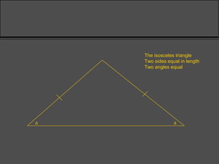The isosceles triangle
Two sides equal in length
Two angles equal
a a
 